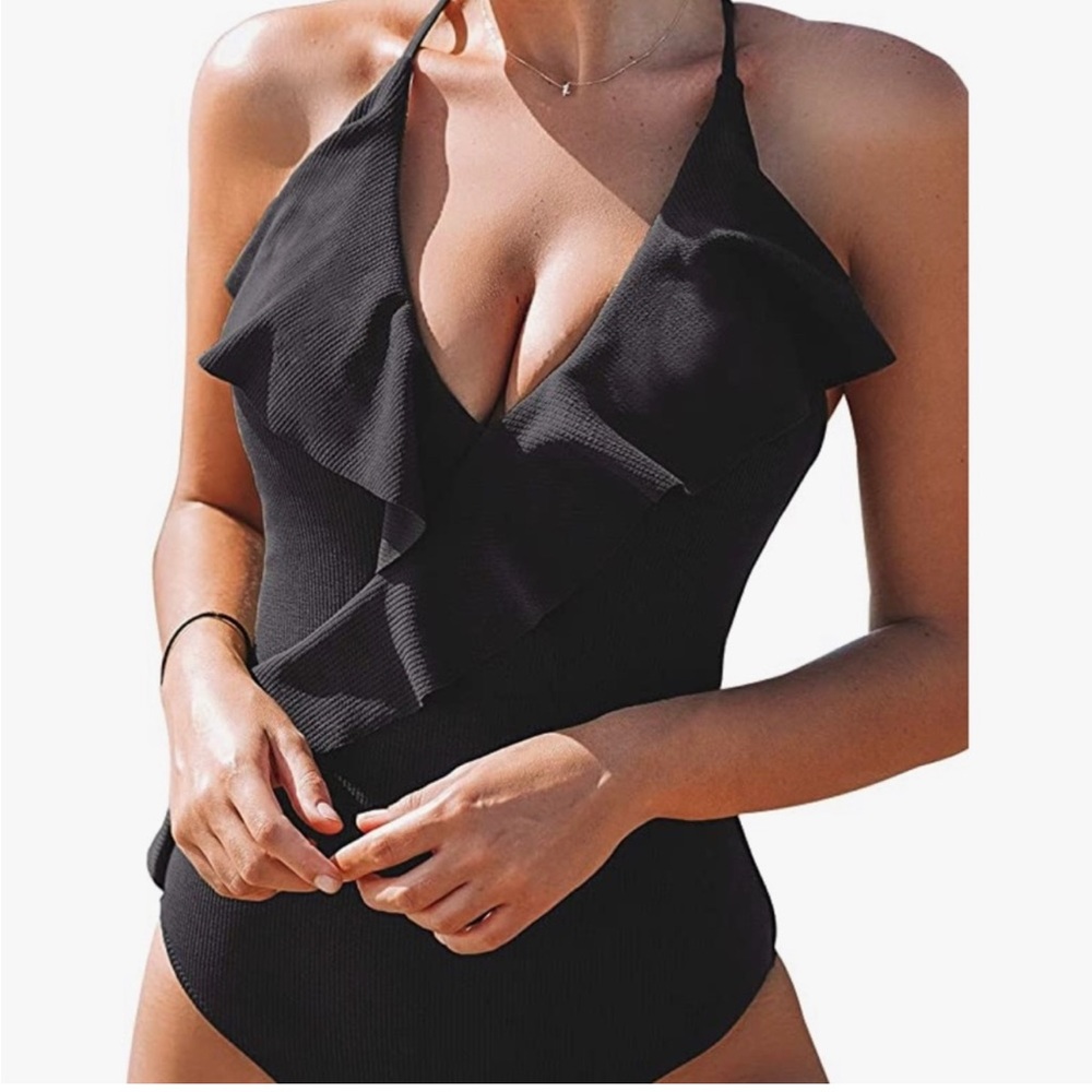 NWT Cupshe black ruffle wrap one piece swimsuit